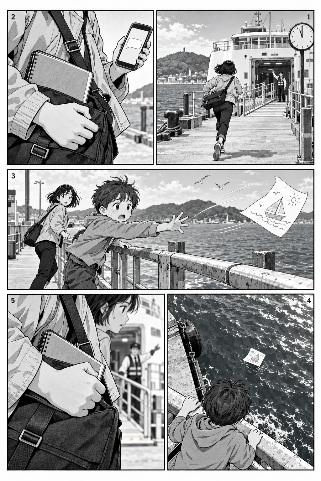 Five-panel example: a courier protects a sketchbook and hesitates between helping a child whose drawing falls into the water and boarding the ferry